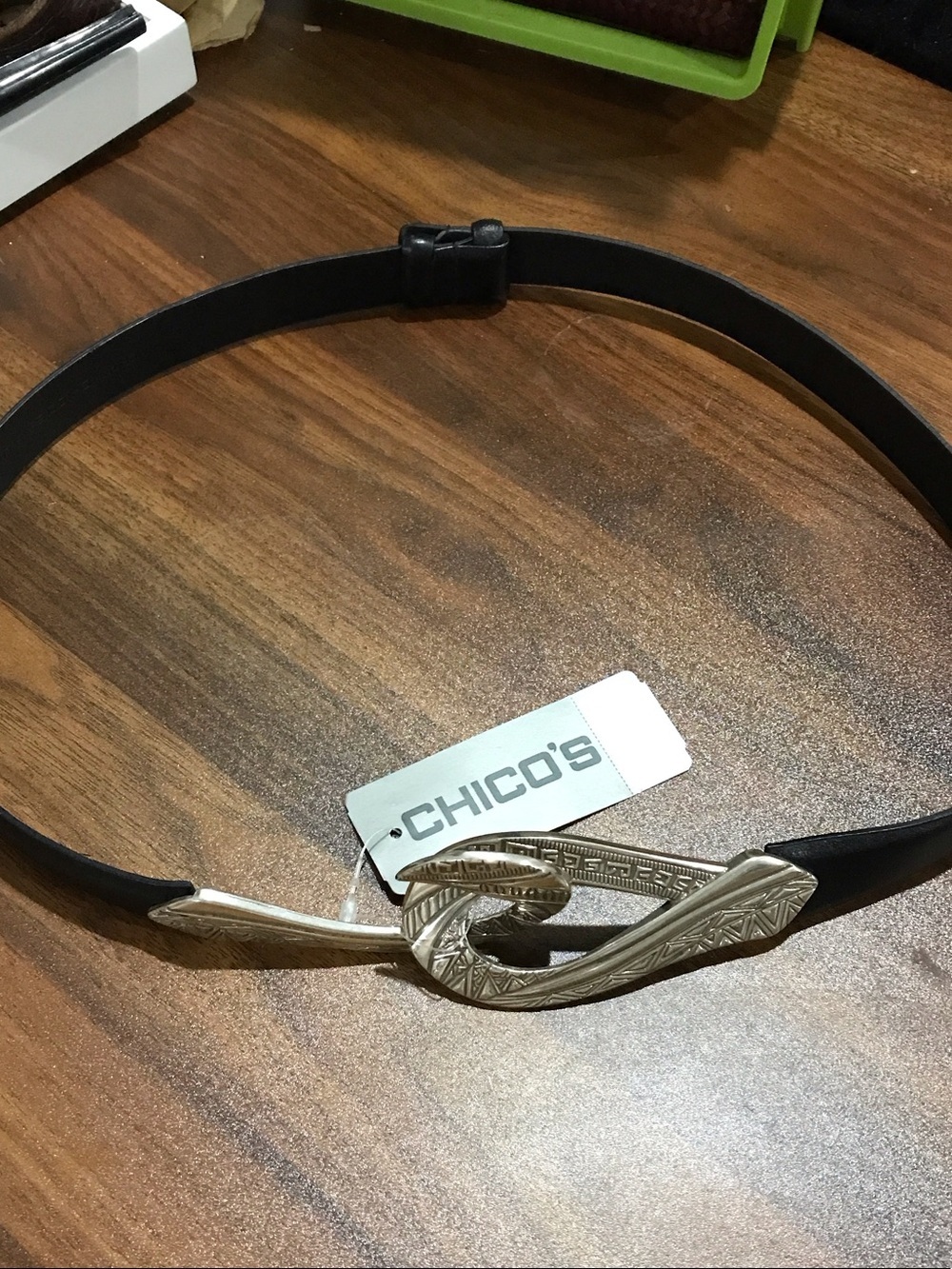 Chico's Black Leather Belt with Gold-Tone Decorative Buckle